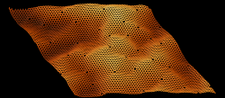 Small holes in an orange digital representation of a sheet of graphene.